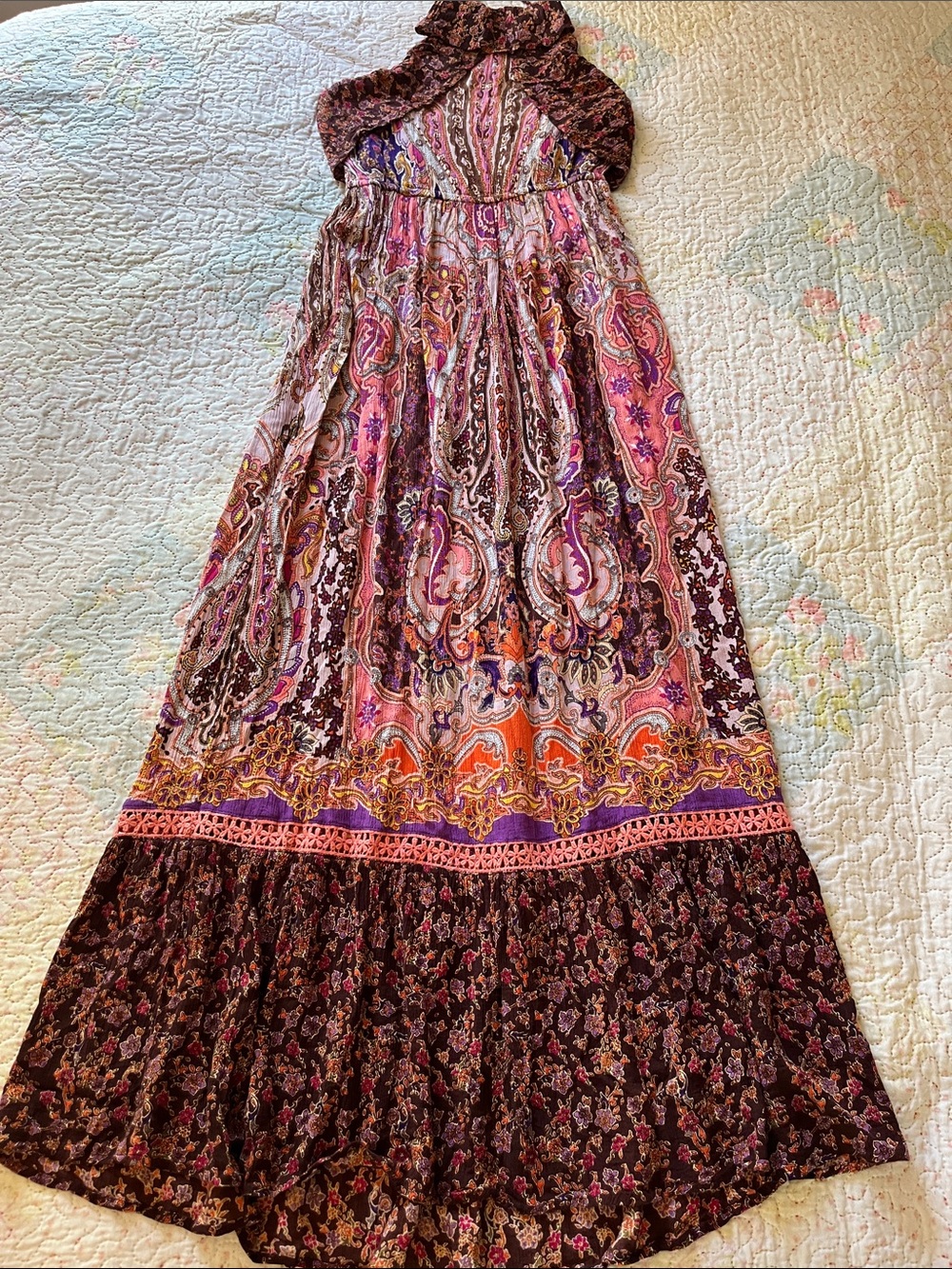 Patrons of Peace Pink Purple Paisley Halter Backless Boho Dress